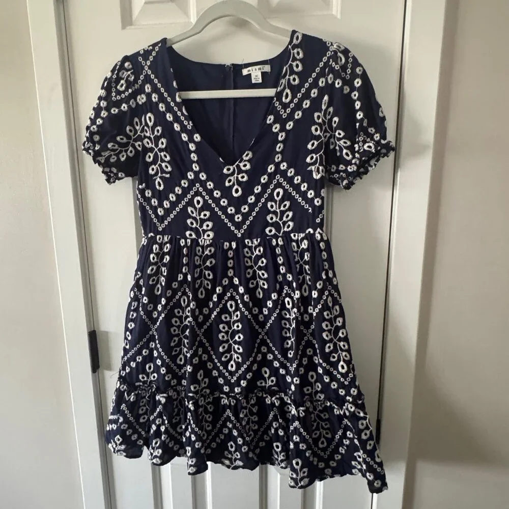 Mi Ami Womens Navy and Cream Dress Size M Medium P3 - Picture 8 of 12